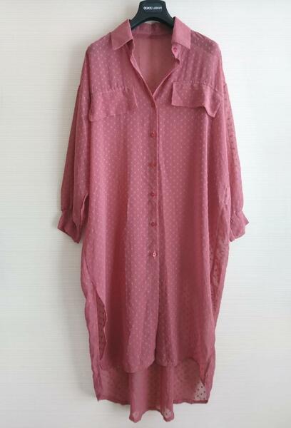 イタリア製ロングシャツ ドビードット ゆったり MADE IN ITALY 透け感 モーブピンク長袖羽織りシャツワンピース