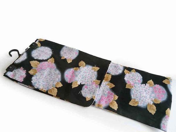 お仕立て上がり ゆかた 浴衣 黒地 紫陽花柄 /和装 黒 あじさい ブラック