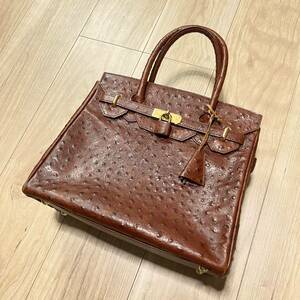 【高級】日本製 本革 DONN ハンドバッグ ブラウン 牛革 カウレザー オーストリッチ型押 ゴールドマーク かばん レディース 鞄 R-4456