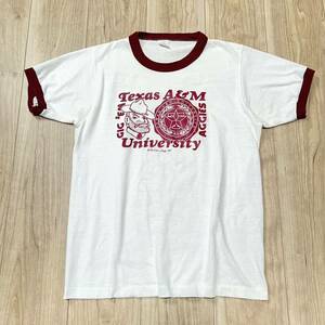 【送料360円】70s ビンテージ Texas A&M University 半袖 リンガーTシャツ カレッジプリ カットソー ヴィンテージ レディース 古着 R-4478