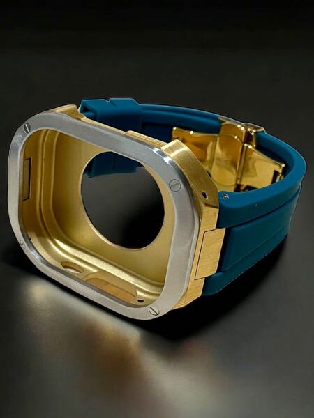 アップルウォッチ　ウルトラ　カバー　Apple Watch ultra 49mm ラバー　ベルト　バンド　ケース　49ミリ　/ゴールドシルバースモークブルー