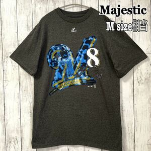 Majestic マジェスティック MLB 野球 ビッグプリント 灰色 ダークグレー メンズMサイズ相当 半袖Tシャツ クルーネック 古着 海外古着