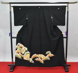 黒留袖 結婚式 扇面 松 葉 秋草文 菊 五つ紋 家紋 身丈154cm 裄丈65cm ★着物 e-602 桜庭呉服店