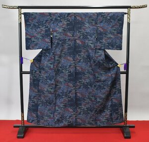 【桜庭呉服店】 紬 つむぎ 花 リメイク素材 牡丹 葉 おしゃれ 身丈151.5cm 裄丈64.5cm ★着物 pb-2011