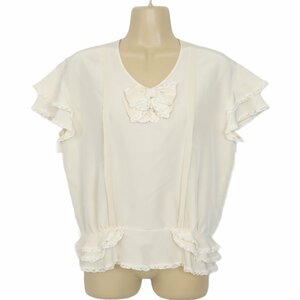 【美品】インゲボルグ★春夏物　サイズ？　フリルたっぷり♪リボンモチーフが可愛い♪Vネック　ブラウス　ベージュ系　半袖　z2738