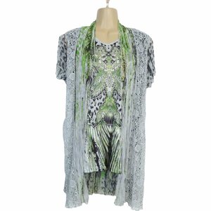 【美品】Maria Flodi★春夏物　サイズM~L　柄物　透かし編みレース　シフォン　カーディガン&カットソー２枚重ね♪グリーン系　半袖b7993