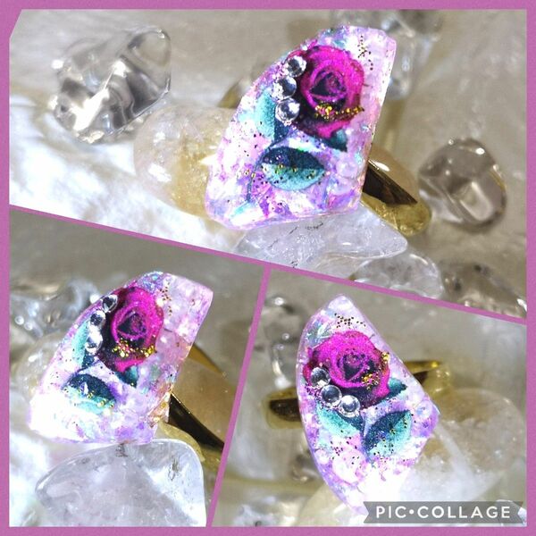 ☆ハンドメイド☆レジンリング赤薔薇☆鉱石型☆shiny purple＆pink☆