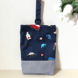 【くるま柄上靴袋】★裏布・マチつき★ ハンドメイド　　Dカン　上履き入れ　シューズ入れ