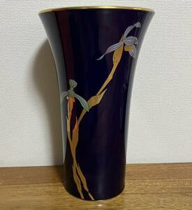 昭和レトロ品　有田焼　香蘭社　金彩×藍色　蘭のフラワーベース　花器　花瓶　送料無料