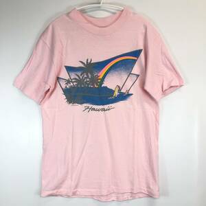 80s USA製 HANES ヘインズ 半袖Tシャツ Mサイズ 薄ピンク ハワイ HAWAII