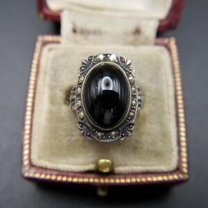 Черный кобон овальный серебряный кольцо Стерлинга Серебряное кольцо раннее деко-кольцо Showa Retro Accessories Import 6y-7