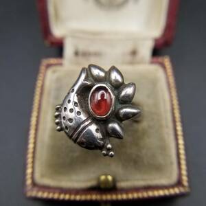  natural stone fish flower motif red group kaboshon oval 925 Vintage silver ring ring accessory jewelry import 6Y-B