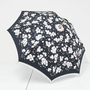 宇野千代 USED超美品 晴雨兼用日傘 ブラック 桜 和風 レース クリア手元 ロゴ 刺繍 フリル 50cm T A9641