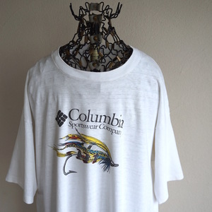 1980s ヴィンテージ USA製 Columbia フライプリント Tシャツ Healthknitボディ XL 白 シングルステッチ 毛鉤 フィッシング コロンビア 古着