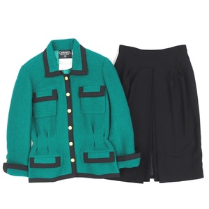  Chanel Vintage setup lady's wool green black 38 skirt suit jacket here Mark bo tang ro gran CHANEL