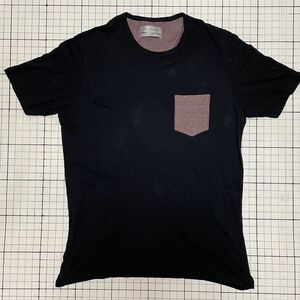 良品 ザラ【SPECIALS ZARA】ポケット半袖Tシャツ カットソー ドット 水玉 ドリッピング USA/XLサイズ ブラック×ワインレッド/黒赤紫