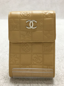 CHANEL◆シガレットケース/ポーチ/レザー/ベージュ/総柄/ココマーク/エンボスロゴ/ポーチ