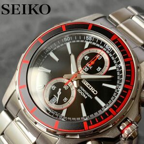 【新品】SEIKO セイコー クロノグラフ クォーツ カレンダー 100M防水 メンズ腕時計 男性用 ブラック シルバー レッド
