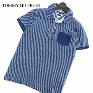 TOMMY HILFIGER トミーヒルフィガー 春夏 ロゴ刺繍★ インディゴ 半袖 ボーダー ポロシャツ Sz.S　メンズ ネイビー　C3T05221_6#A