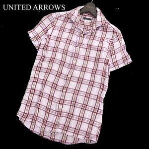 UNITED ARROWS ユナイテッドアローズ 春夏 SLIM FIT 【麻100% リネン】 半袖 チェック シャツ Sz.M　メンズ　C3T05565_6#A