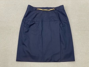 (I05488) セリーヌ CELINE ヴィンテージ コットン100% チェーン金具付き ラップ風スカート 大きいサイズ 44 ネイビー系