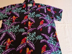 ■90’s～♪VINTAGE HAWAII製 PARADISE FOUND (パラダイス ファウンド) オウム柄 レーヨン アロハシャツ ブラックボディ【Lサイズ】■