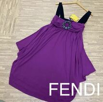 99 未使用 正規品 FENDI フェンディ レーヨン　ノースリーブ　ドレス ワンピース ストーン装飾 ジャンパースカート パーティー 0630F_画像1