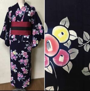  Indigo dyeing yukata /. camellia floral print /.... attaching /TU211/ko-ma... Showa Retro antique tree cotton flax summer kimono ..