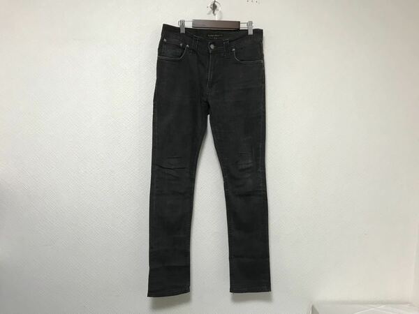 本物ヌーディージーンズnudie jeansコットンストレッチデニムスキニーパンツミリタリーアメカジサーフビジネススーツメンズ黒ブラック30M