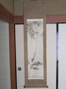 Art hand Auction 【模写】鵞鳥駕鳥 雪景色図 静堂藍舟筆 上等絹本 掛軸, 絵画, 日本画, 花鳥, 鳥獣