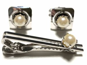  fake pearl design tiepin & cuffs [ inspection / pearl ]