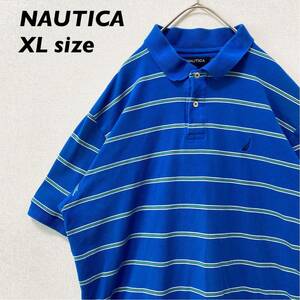 ノーティカ　半袖ポロシャツ　ラガー　ボーダー　刺繍ロゴ　男女兼用　青色　XLサイズ　ユニセックス　NAUTICA 大きいサイズ　ブルー