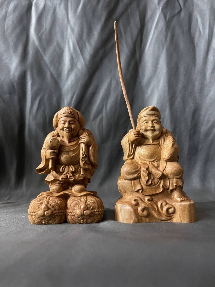 極上品 仏教工芸品 一刀彫 総ケヤキ材 福神 恵比寿 大黒-