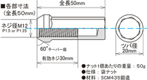 極限 ホイールナット 20個 国産 KYO-EI HPF1A5 L50 ゴールド ナット P1.5 19 21HEX 50mm ロックナット 日本製_画像2