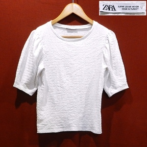 ZARA ザラ フリル袖 ストレッチ 半袖 カットソー ドレスシャツ デザインシャツ Tシャツ 白 M サイズ