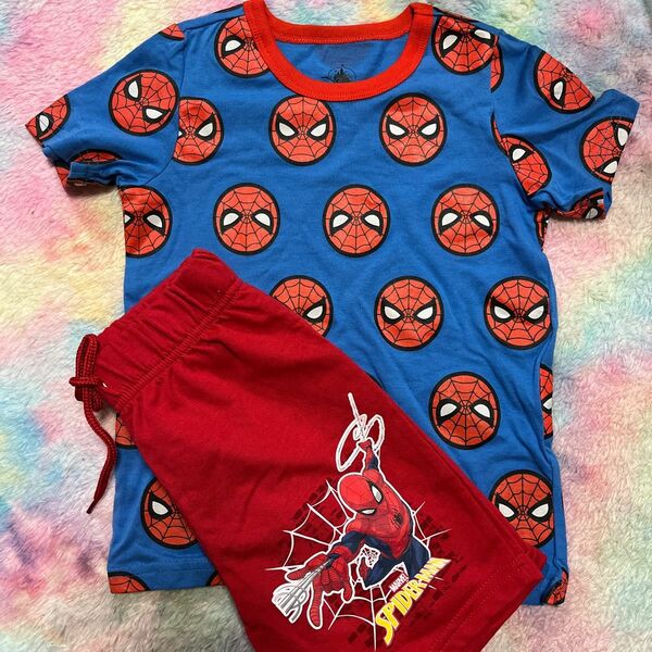 MARVEL スパイダーマン 100cm ディズニーリゾート 総柄 半袖Tシャツ 半袖パジャマ 上下セット