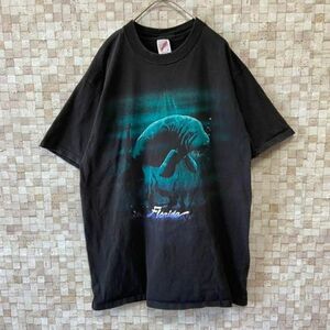 USA製 ヴィンテージ Tシャツ 80s マナティ フロリダ 海 ブラック黒L