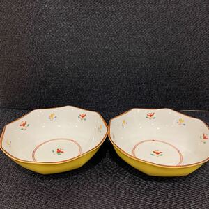 【橘吉 小鉢　2枚セット　美品】たち吉　花柄　白/黄　木箱無し　直径　約14cm 高さ4.3cm