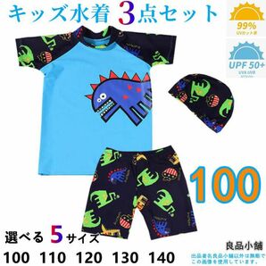 水着 男の子 キッズ水着 セパレート タイプ 【NO5.100cm】 恐竜柄 子供用 日焼け防止 3点セット スイミングスクール 