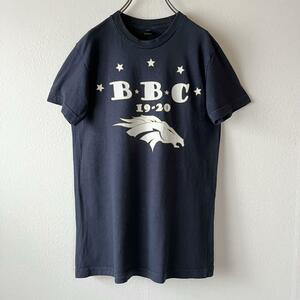 USA古着 ロゴTシャツ ブロンコス NFL バックプリント ネイビー 綿 コットン S M 紺 アメカジ 馬蹄 ジャストサイズ ユニセックス