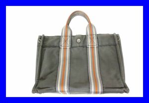 ●中古 本物 エルメス Hermes 銀座限定色 フールトゥPMトートバッグ ハンドバッグ キャンバス生地 グレー 灰色 シルバー金具 Z3382