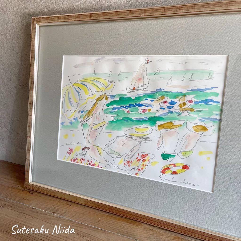 Rare true work Ichiyokai member Sutesaku Niida Costa del Sol Framed 53.5cm x 42cm Landscape painting Watercolor Painting Sun Coast Sea Woman Man Man, painting, watercolor, Nature, Landscape painting