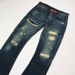 Wrangler×AKM Wrangler e-ke- M collaboration Denim crash damage processing boots cut jeans flare pants lining check S1061 M