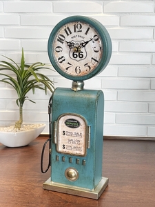 アンティーク クロック ブリキ ガスポンプ 置き時計 ブルー インテリア 時計 飾り 雑貨 オブジェ コレクション ビンテージ