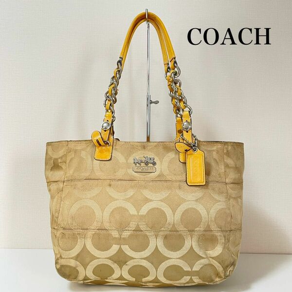 COACH コーチ シグネチャー オプアート レザー ショルダーバッグ ベージュ