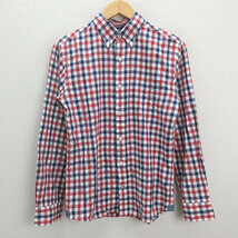 s■トミーヒルフィガー/TOMMY HILFIGER チェック柄長袖BDシャツ【M】赤青白/MENS/71【中古】_画像1