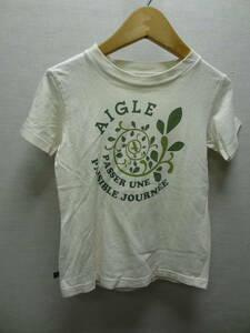 全国送料無料 エーグル AIGLE 日本製 子供服キッズ男＆女の子 綿100% ナチュラルカラー半袖 ロゴ＆リーフプリントTシャツ 110