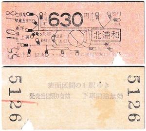 国鉄　地図式乗車券　£58　昭和55年　北浦和　→　630円区間　