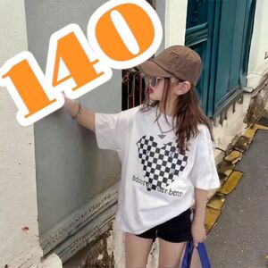 プリントTシャツハートがかわいい！韓国ファッショントップTシャツ!ホワイト140キッズ女の子男の子子供服