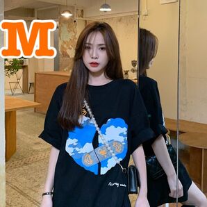 大きめ トップス tシャツレディースファッションハートの空がキレイスケボープリントゆったり可愛い夏服オシャレ韓国ファッション
